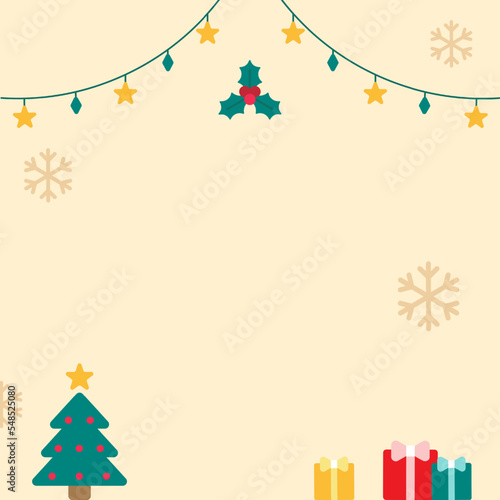 Cute Merry Christmas Happy New Year Christmas Tree Holly Mistle Toe Gift Present Christmas Snowflake Star Decorative light Square Post Card Poster Promotion Banner Red Background Copy Space Template