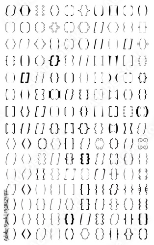 Curly brace set vector. Text brackets collection for messages, quotas. Oval, square, retro parentheses and punctuation shapes.