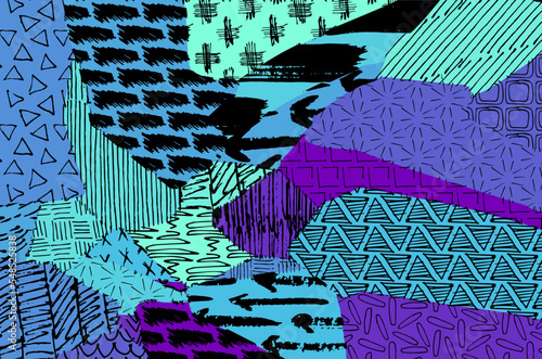 Abstract black strokes, Hand sketched Vector Pattern. Retro abstract pattern in geometric style. Abstract multicolored geometric pattern.	

