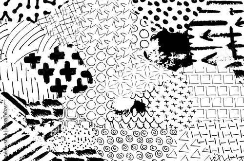 Abstract black strokes, Hand sketched Vector Pattern. Retro abstract pattern in geometric style. Abstract multicolored geometric pattern.	
