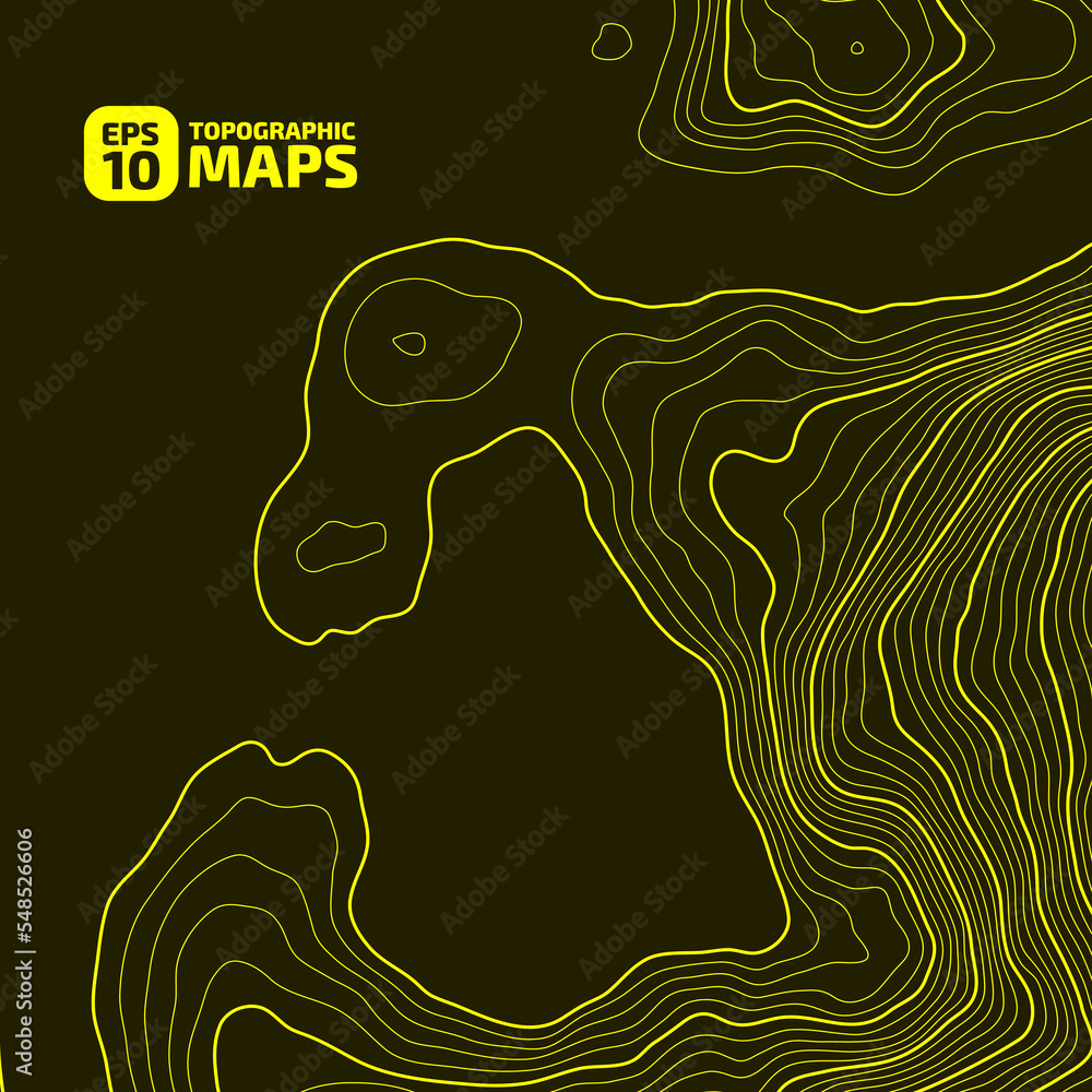 Stylized height CG topographic contour map in contours. Abstract background. Digital copy earth space. Concept of a conditional geography scheme, terrain path. Yellow on Black. Vector illustration