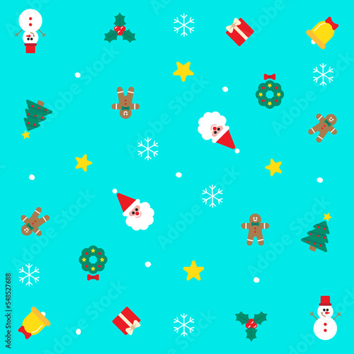 Wallpaper Mural Cute Merry Christmas Santa Claus Holly Present Gift Box Snowflake Gingerbread Man Snowman Bell Confetti Element Ditsy Memphis Abstract Colorful Blue Seamless Pattern Background for Christmas Party Torontodigital.ca