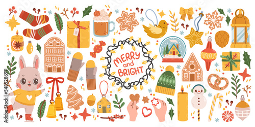 Christmas big set of elements with cookies, houses, presents, sweater, fur tree, wreaths. Stickers set. Hand drawn style