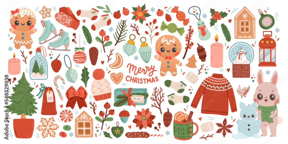 Fototapeta premium Christmas big set of elements with cookies, houses, presents, sweater, fur tree, wreaths. Stickers set. Hand drawn style
