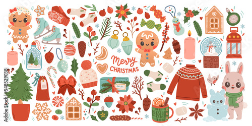 Christmas big set of elements with cookies, houses, presents, sweater, fur tree, wreaths. Stickers set. Hand drawn style