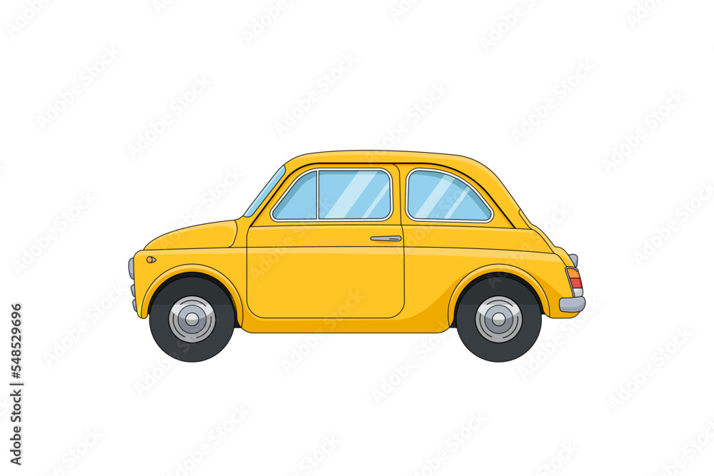Yellow little car in cartoon style. Vintage automobile of european city. Vector flat illustration
