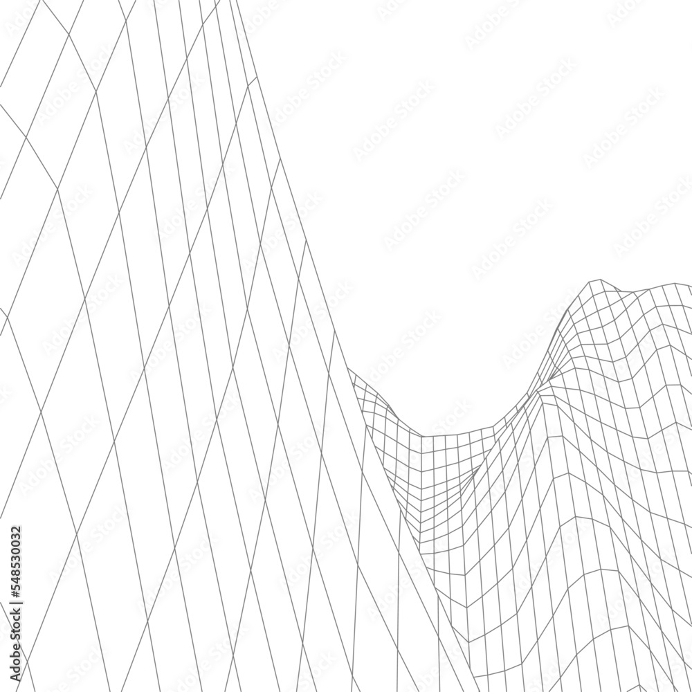 Abstract vector wireframe landscape background. Cyberspace grid. 3d