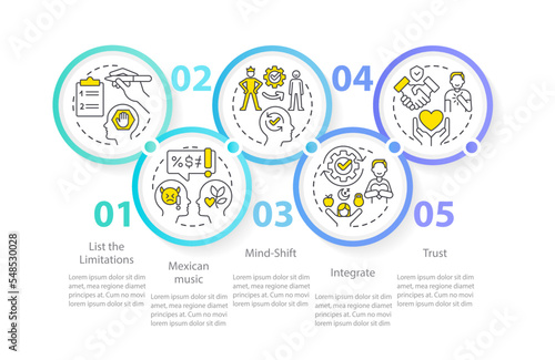 Removing self imposed barriers circle infographic template. Data visualization with 5 steps. Editable timeline info chart. Workflow layout with line icons. Myriad Pro-Regular font used
