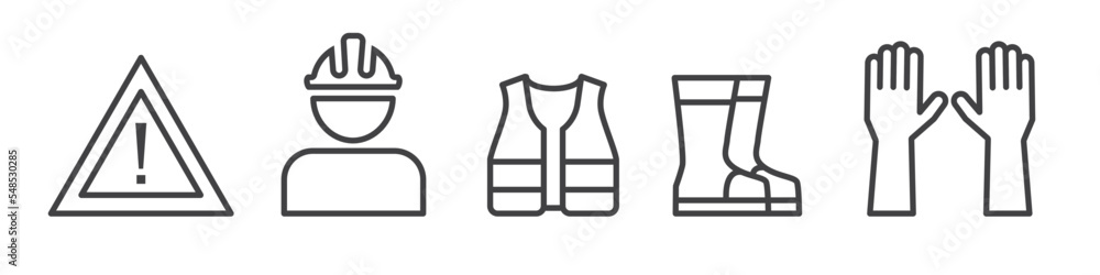 Work safety vector line icon collection on white background - helmet, reflective vest, gloves and workwear - obrazy, fototapety, plakaty 
