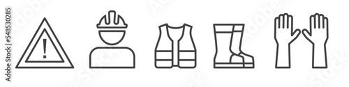 Work safety vector line icon collection on white background - helmet, reflective vest, gloves and workwear photo
