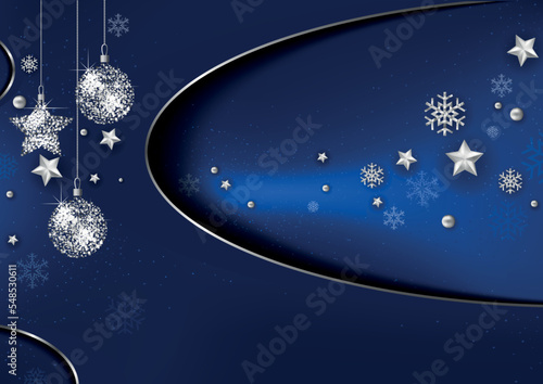 Blue Abstract Christmas Background with Silver Decorations and Snowflakes wit...