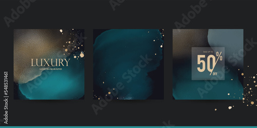 gold blue dark square luxury vector background for Christmas, new years eve and winter holiday. Instagram social media post  template for beauty, jewelry, make up.