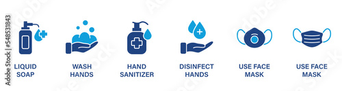 Virus Precaution Banner. Sanitizer and Liquid Soap, Wash, Disinfect Hands, Use Face Mask Icon. Coronavirus Prevention Silhouette Icon Set. Sign for Medical Poster. Vector Isolated illustration