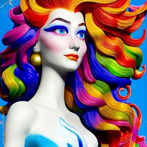 Beautiful 3D Porcelain Woman Illustration, Colorful Fashion, Hair color, Beauty