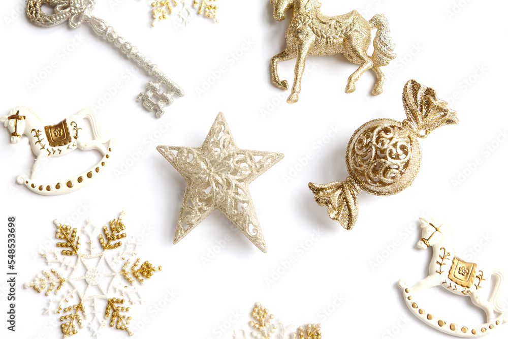Overhead view frame with various Christmas decorations on white background with space for text. Merry Christmas and Happy New Year Xmas concept. Top view. Copy space. Overhead view frame with various Christmas decorations on white background with space for text. Merry Christmas and Happy New Year Xmas concept. Top view. Copy space.