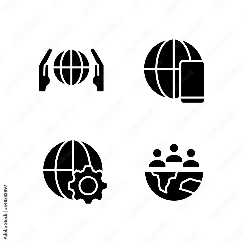 Naklejka premium Globalization process black glyph icons set on white space. Worldwide network. International connection. Telecommunication. Silhouette symbols. Solid pictogram pack. Vector isolated illustration