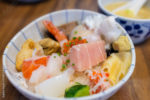 Japanese sashimi rice bowl in restaurant