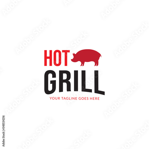 Grill Barbeque invitation party barbecue bbq with pig pork on fire flame Logo design vintage hispter