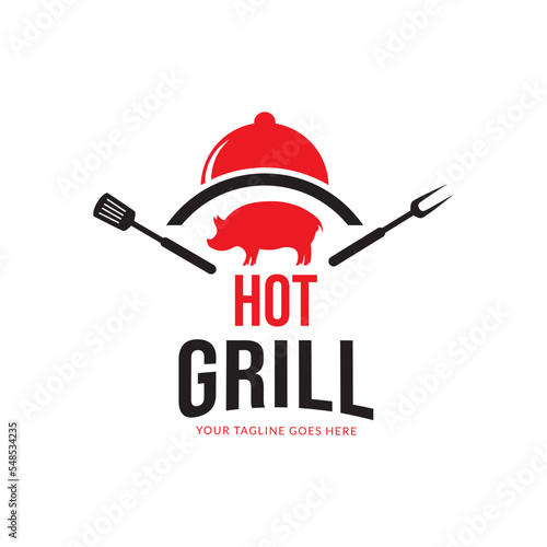 Grill Barbeque invitation party barbecue bbq with pig pork on fire flame Logo design vintage hispter