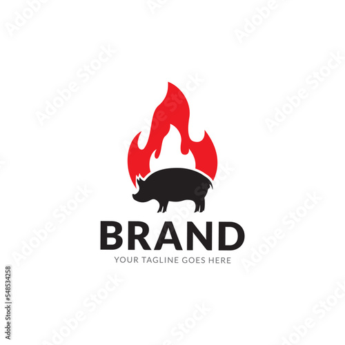 Grill Barbeque invitation party barbecue bbq with pig pork on fire flame Logo design vintage hispter