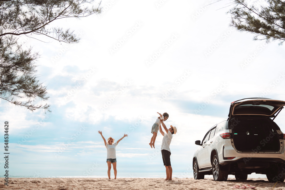 Happy Family with car travel road trip. summer vacation in car in the sunset, Dad, mom and daughter happy traveling enjoy together driving in holidays, people lifestyle ride by automobile. - obrazy, fototapety, plakaty 