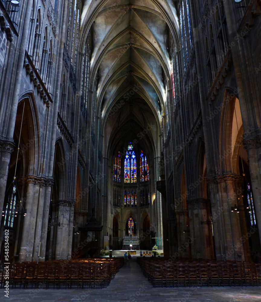 Metz, France - December 2019, Central stained glass windows - of the Cathedral Saint-Etienne de Metz	