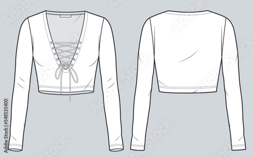 Long Sleeve Top technical fashion illustration. Women's Top fashion flat technical drawing template, v neck, cropped, slim fit, lace-up, front and back view, white, CAD mockup set.