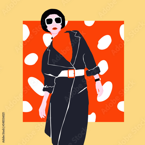 Fashion minimal flat vector illustration glamor retro Paris Lady. 