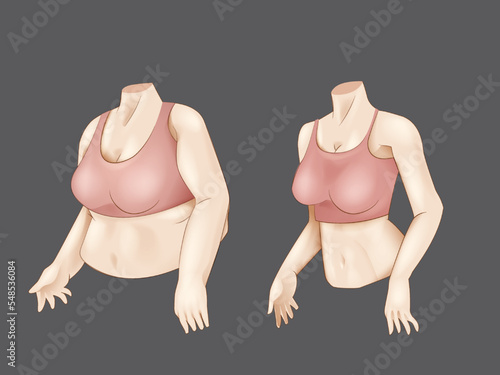 Fit and fat concept before and after activity woman body tranformation realistic vector illustration