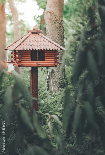 Canvas Print Vertical closeup of a wooden birdhouse in a forest with trees blurred background