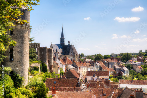 View of the Beautiful Village of Montresor, Loire Valley, France, with St John the Baptist Collegiate Church and Towers of Montresor Castle