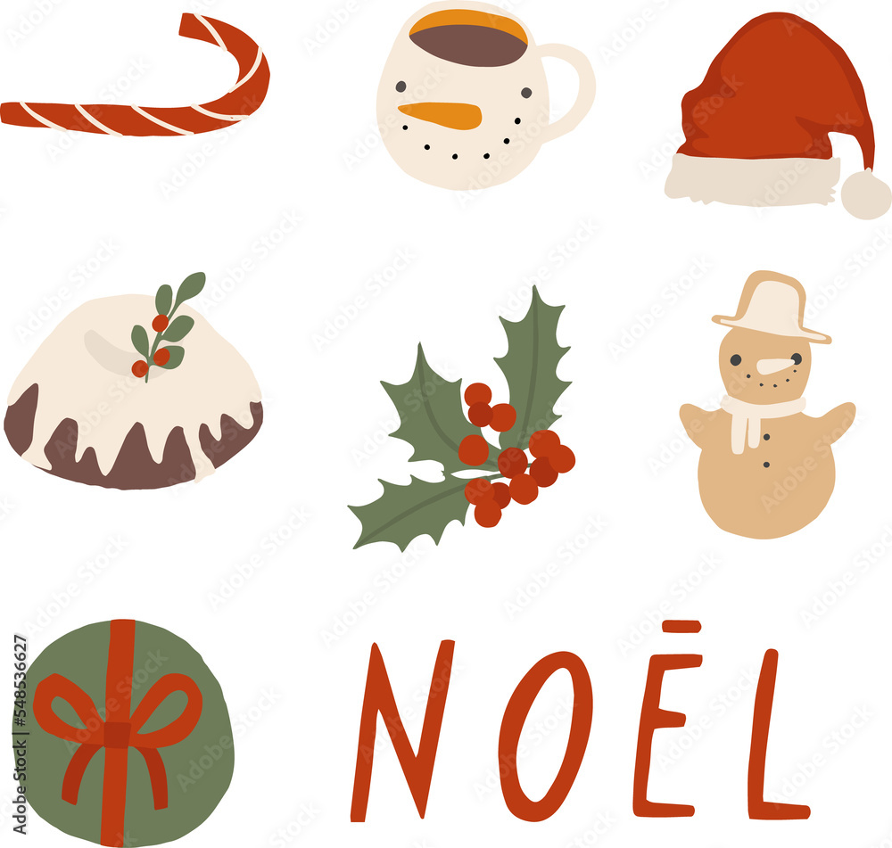 Cute Christmas elements clipart set. Candy cane, snowman cup, christmas cake, holly leaves, gingerbread cookie, gift box and lettering noel, cartoon illustration isolated png Cute Christmas elements clipart set. Candy cane, snowman cup, christmas cake, holly leaves, gingerbread cookie, gift box and lettering noel, cartoon illustration isolated png