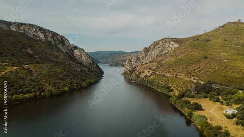 High-angle of Portas do Rodao natural monument a river with cliffs on both sides photo