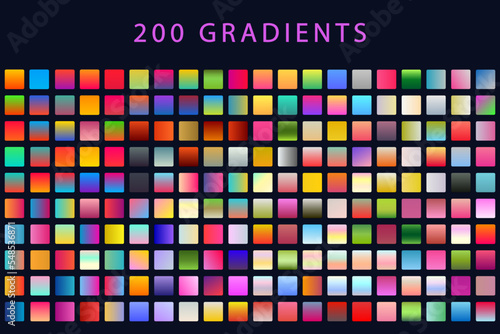 Big Set of Gradients. 200 Vibrant Color Swatches Background Collection Flat Vector.