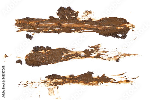 Set wet mud, stains and lines texture isolated on white background, top view and clipping path