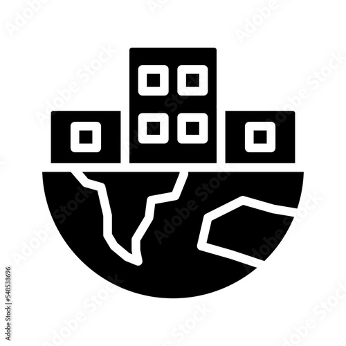 Global infrastructure black glyph icon. World urbanization process. Economic development. City buildings. Silhouette symbol on white space. Solid pictogram. Vector isolated illustration