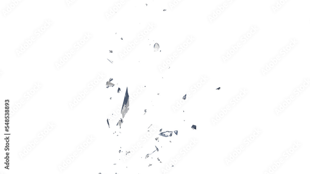 Obraz premium Glass mirror breaked shatter with debris super slow motion. Macro camera 3d illustration.