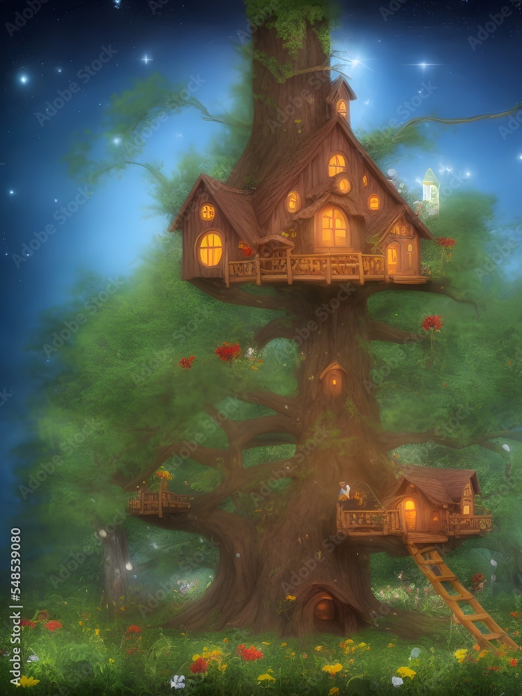 Fototapeta premium Cute fairy tree house hugge 3d illustration
