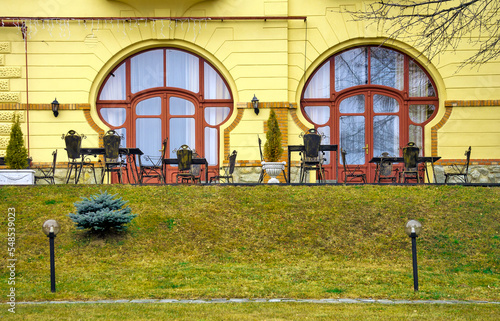 Slovakia - High Tatras - Two abstract half-circle windows of art nouveaux (secese) style of old mountain resort cottage photo