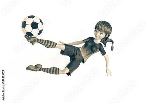 Fototapeta Naklejka Na Ścianę i Meble -  soccer girl is doing acrobatics to kick the ball in white background top view