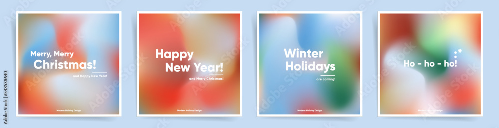 Christmas square posters set. Modern gradient design collection. Winter blurred colorful templates for A4 post, placard, flyer, cover, backdrop.