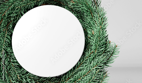 Festive christmas product display podium stand with fie branch wreath. 3D Rendering