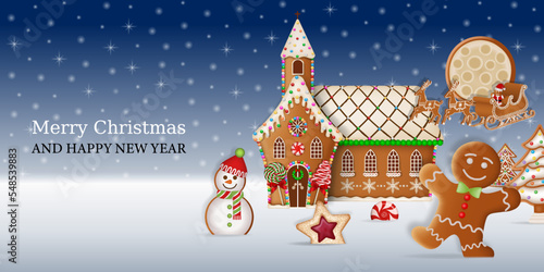 Christmas banner with gingerbread man and church. christmas card with gingerbread landscape