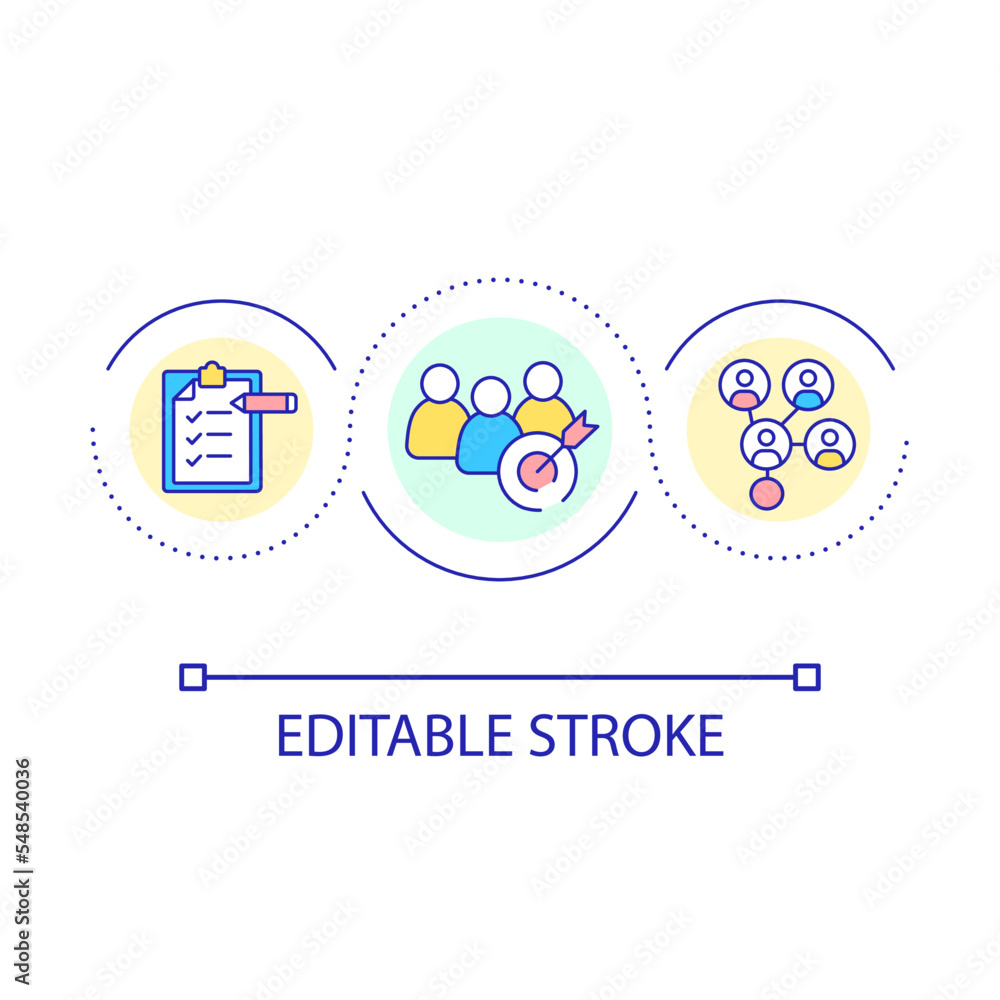 Target audience research loop concept icon. Expand customer base. Engage new clients abstract idea thin line illustration. Isolated outline drawing. Editable stroke. Arial font used Target audience research loop concept icon. Expand customer base. Engage new clients abstract idea thin line illustration. Isolated outline drawing. Editable stroke. Arial font used