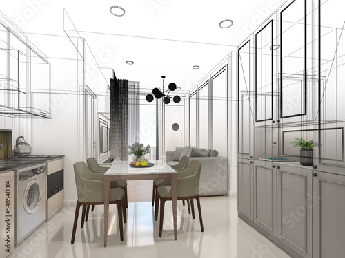 sketch design of interior living  3d rendering