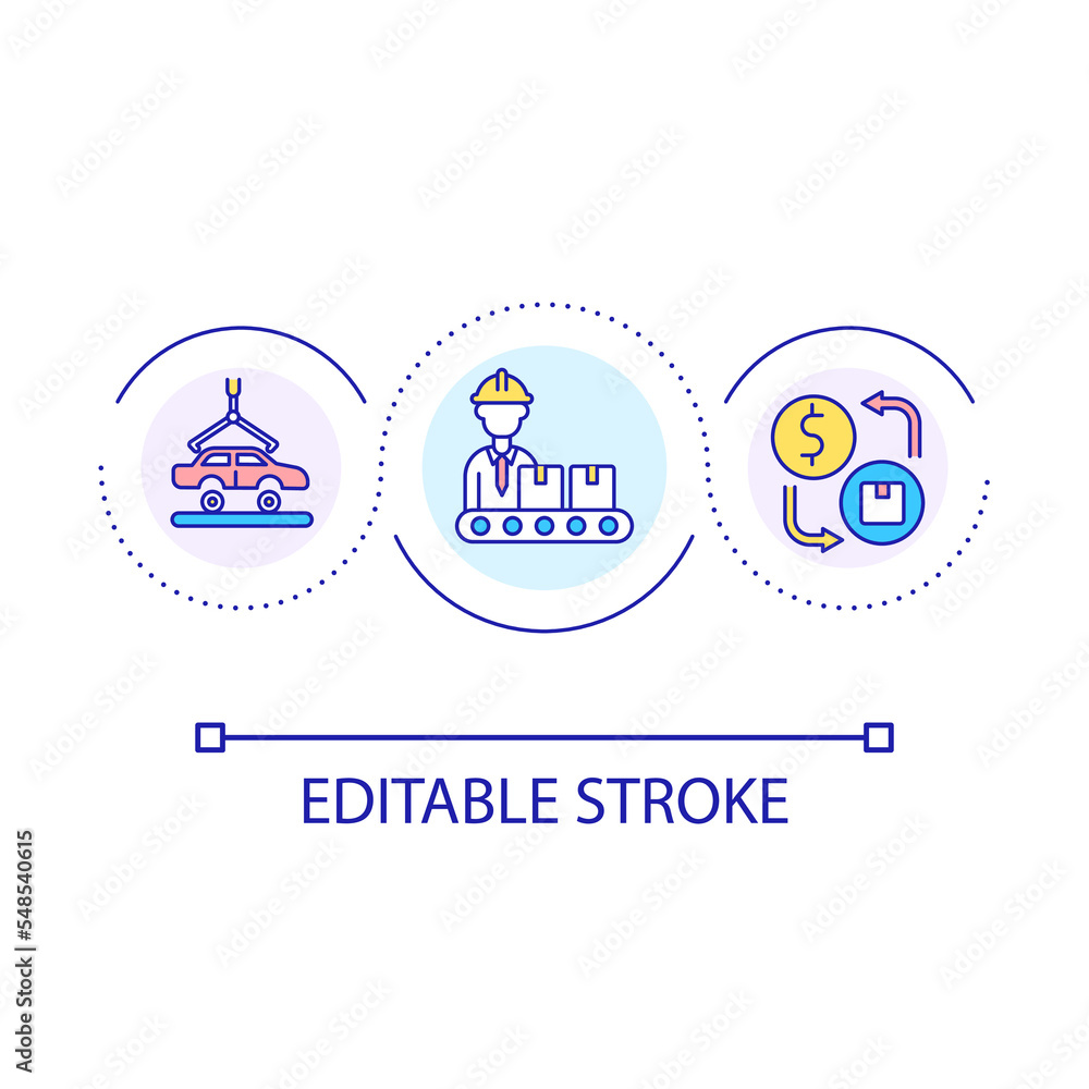 Naklejka premium Car manufacturing loop concept icon. Automotive industry. Vehicle maintenance. Automobile service abstract idea thin line illustration. Isolated outline drawing. Editable stroke. Arial font used