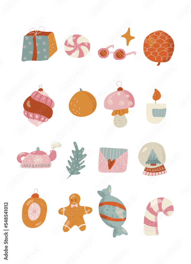 Set of Christmas decorations. Happy new year. Christmas items. For the design of Christmas and New Year cards. Vector illustration. Hand-Drawn.
