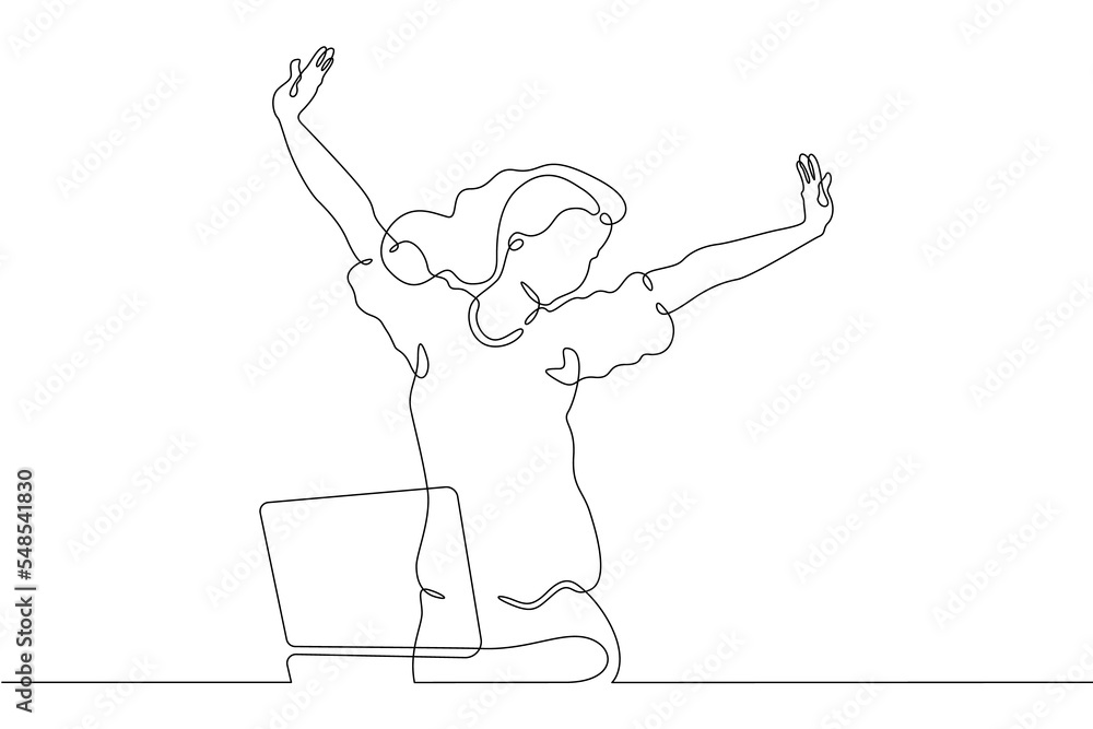 One continuous line. Woman celebrating victory. Hands up in joy. Woman behind a laptop. One continuous line on a white background.