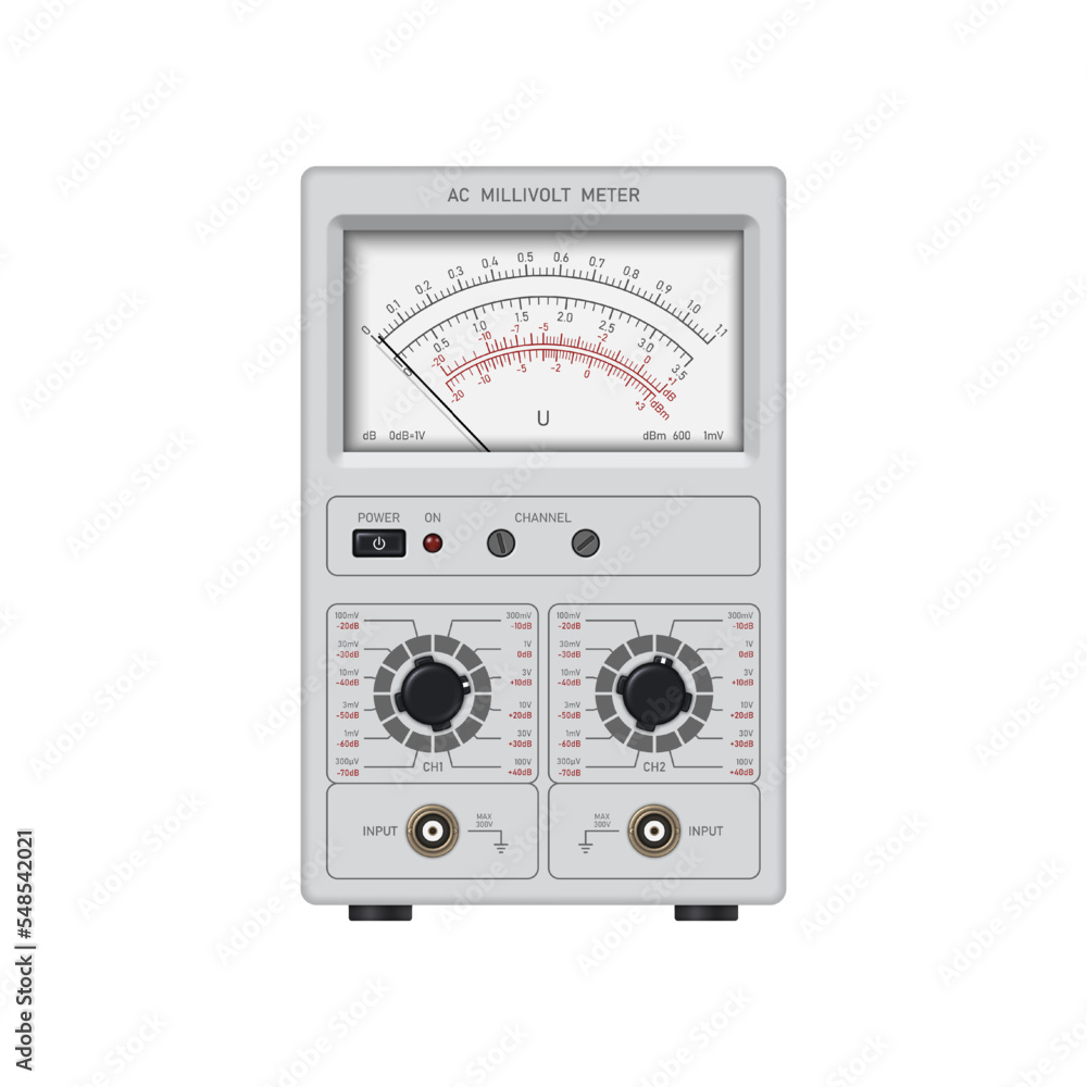 Realistic millivoltmeter with dial indicator. Device for measuring voltage. Vector illustration. Realistic millivoltmeter with dial indicator. Device for measuring voltage. Vector illustration.