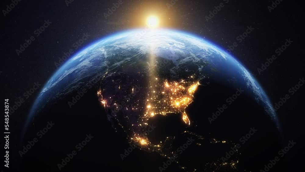 Dawn, the sun rises behind the planet earth. Sunrise over the globe. World top view from the space. Day to night transition, great for the news or climatic change concept. Spacescape background in 4k Dawn, the sun rises behind the planet earth. Sunrise over the globe. World top view from the space. Day to night transition, great for the news or climatic change concept. Spacescape background in 4k